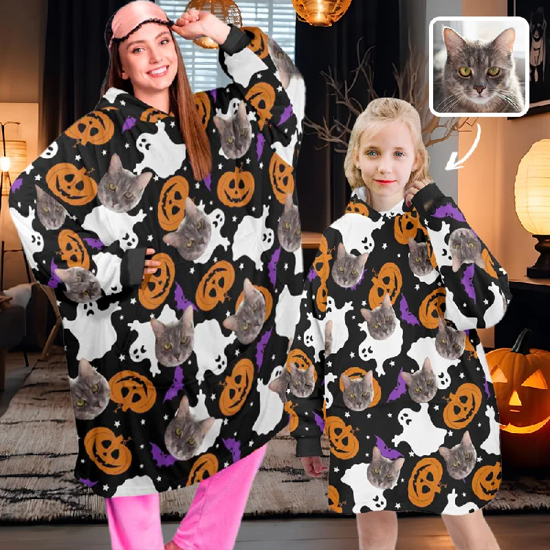 Minimal Comfort Wearable Blanket Hoodie Custom Faces Oversized Hoodie for Women Men Kids Personalized Fleece Blanket Photo Gifts For Halloween