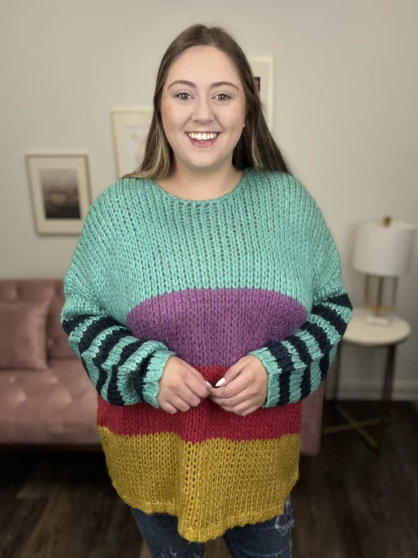 Slightly Flared Design Funky Fresh Women's Color Block Striped Chunky Knit Sweater