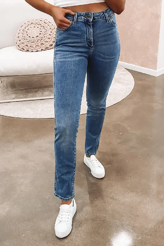 Black And White Style Classics Mid Waist Straight Jean Mid Stone Indigo
