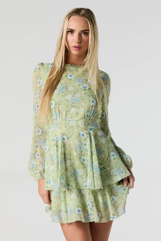 End Of The Year Floral Longsleeve Flowy Chiffon Mini Dress